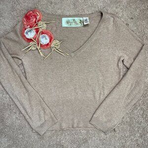 Glyn Mer Sweater Womens L Brown Lambswool Cashmere Angora Embellished Anthro